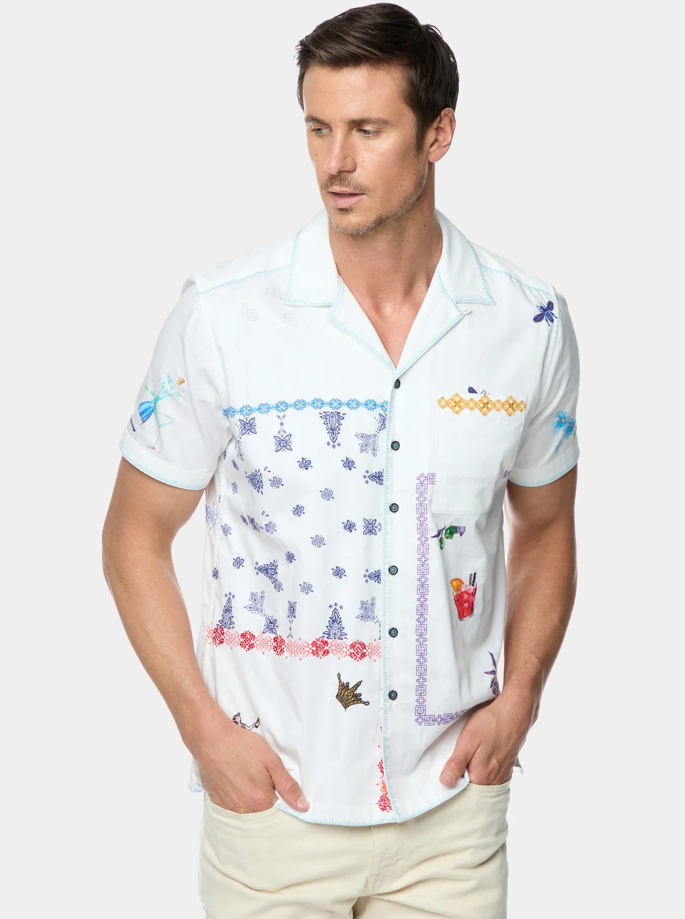 men's classic button-up shirts -Robert Graham Fortuna Short Sleeve Classic Fit Sport Shirt - White