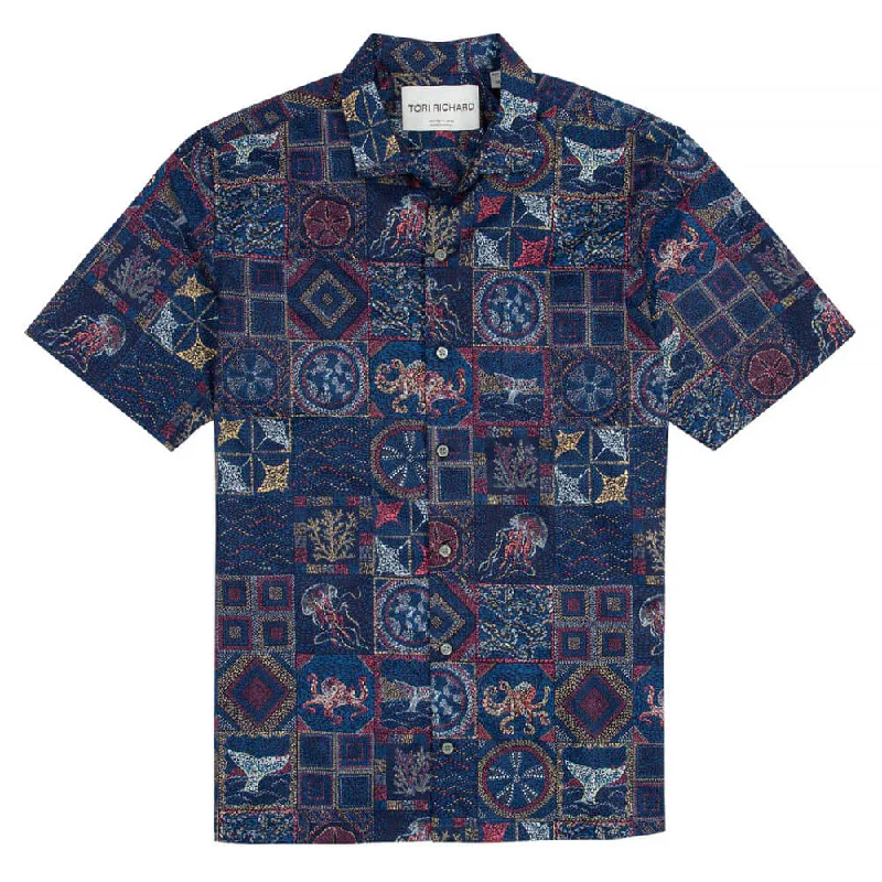 men's stylish office shirts -Tori Richard Sedna Cotton Lawn Camp Shirt - Deep Sea