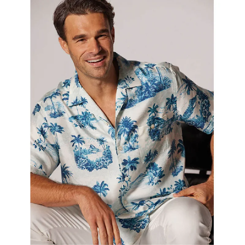 men's cool patterned shirts -Tori Richard Porcelain Scenes Camp Shirt - Lagoon