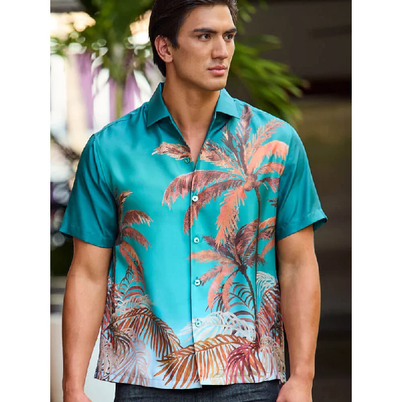 men's luxurious button-up shirts -Tori Richard Twilight Palm Camp Shirt - Teal