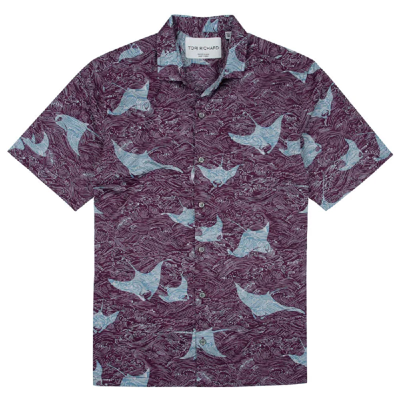 men's high-performance office shirts -Tori Richard Manta Waves Cotton Lawn Camp Shirt - Wine