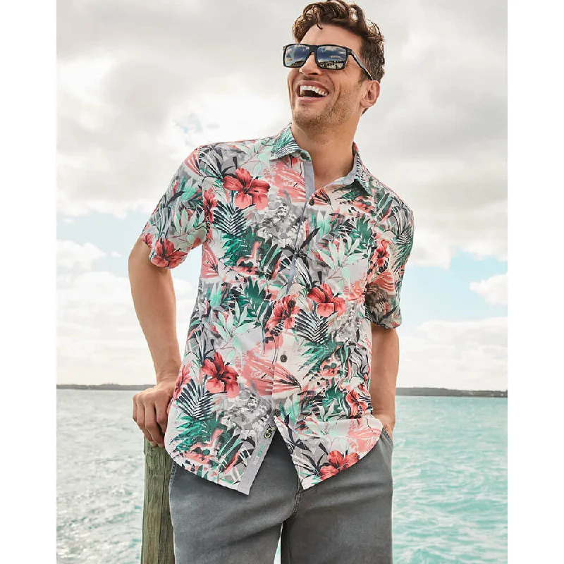 men's relaxed office shirts -Tommy Bahama Mojito Bay Electric Blooms Camp Shirt - Summer Grey