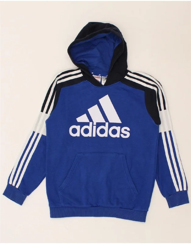 men's hoodie for daily wear -ADIDAS Boys Graphic Hoodie Jumper 11-12 Years Blue Colourblock Cotton