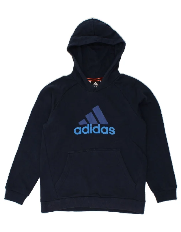 men's workout sweatshirt hoodies -ADIDAS Boys Graphic Hoodie Jumper 11-12 Years Navy Blue Cotton