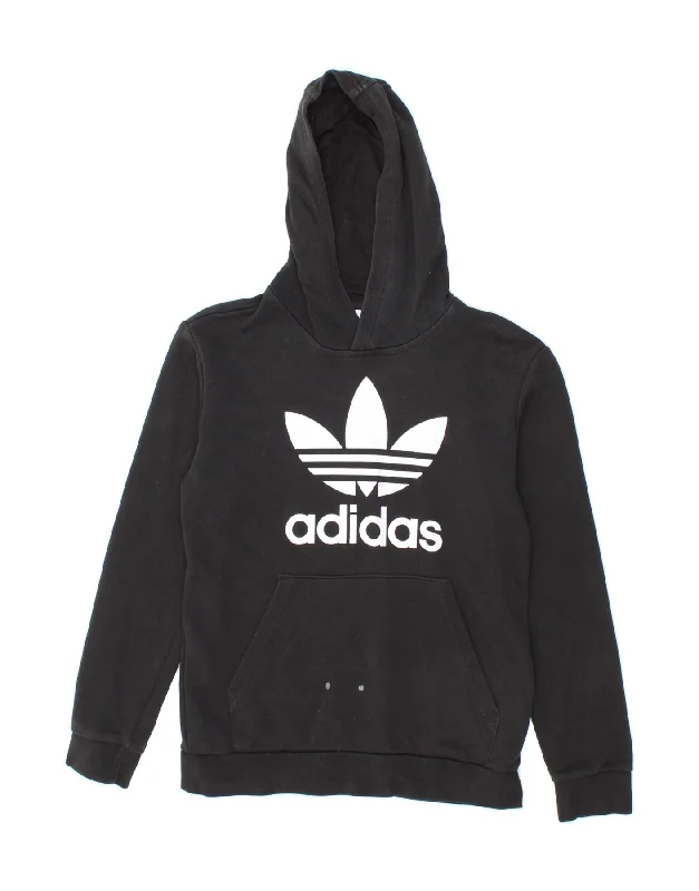 men's hoodie sweatshirt -ADIDAS Boys Graphic Hoodie Jumper 12-13 Years Black Cotton