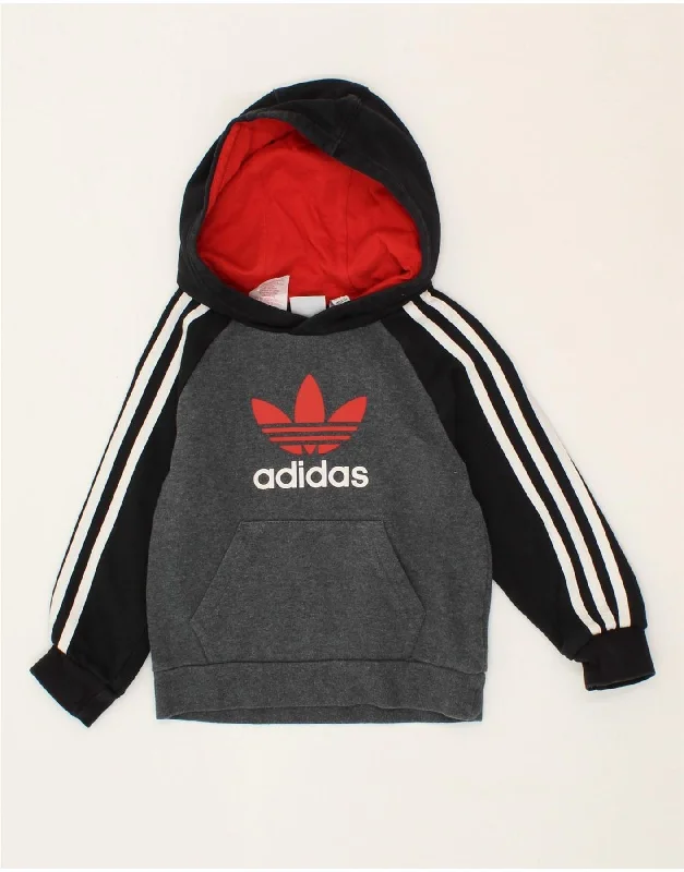 men's hoodie sweatshirt for weekend -ADIDAS Boys Graphic Hoodie Jumper 4-5 Years Grey Colourblock Cotton