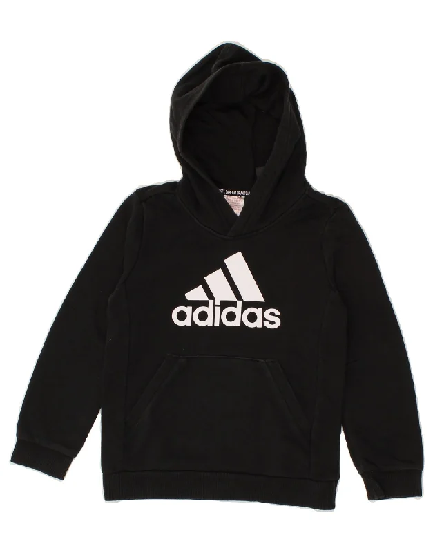 men's hoodie with zippered pockets -ADIDAS Boys Graphic Hoodie Jumper 7-8 Years Black Cotton