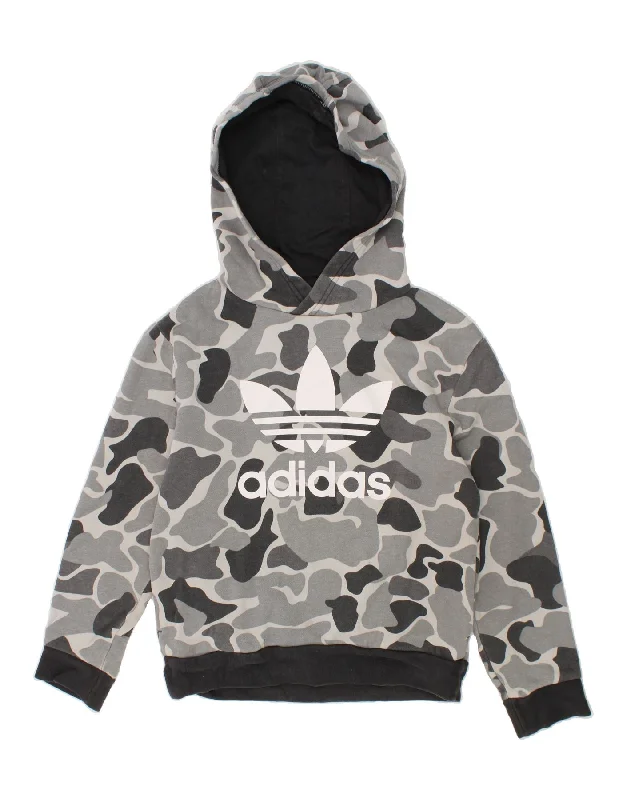 men's eco-friendly sweatshirt hoodies -ADIDAS Boys Graphic Hoodie Jumper 7-8 Years Grey Camouflage Cotton