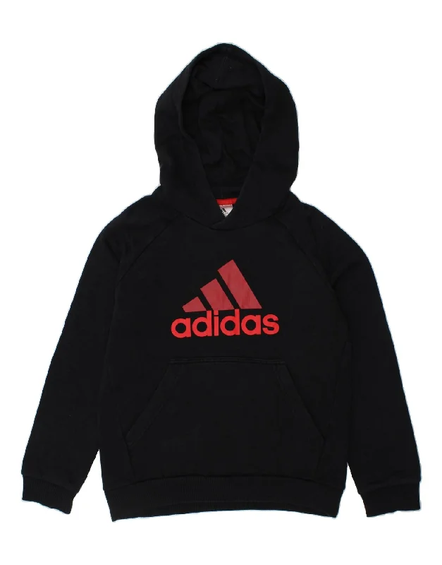 men's hoodie with zippered pockets -ADIDAS Boys Graphic Hoodie Jumper 9-10 Years Black Cotton