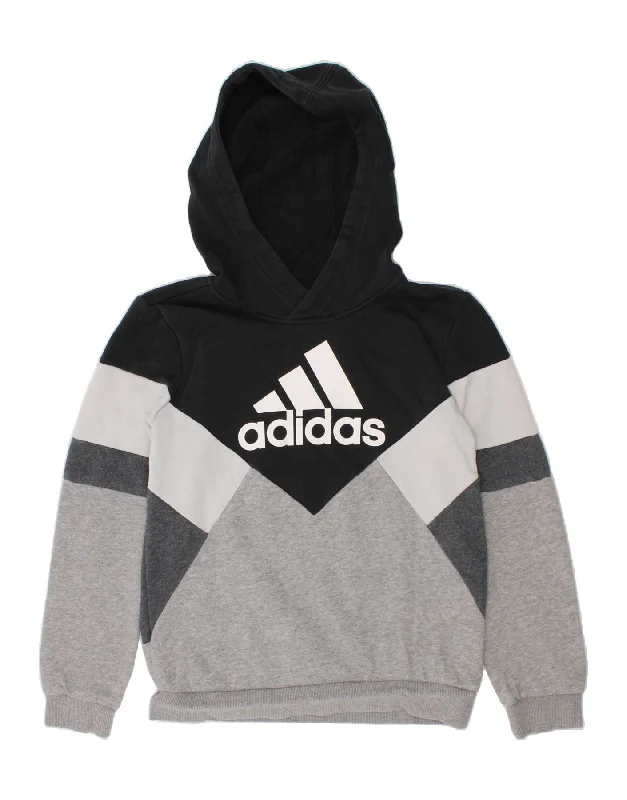 men's hoodie for exercise -ADIDAS Boys Graphic Hoodie Jumper 9-10 Years Grey Colourblock Cotton