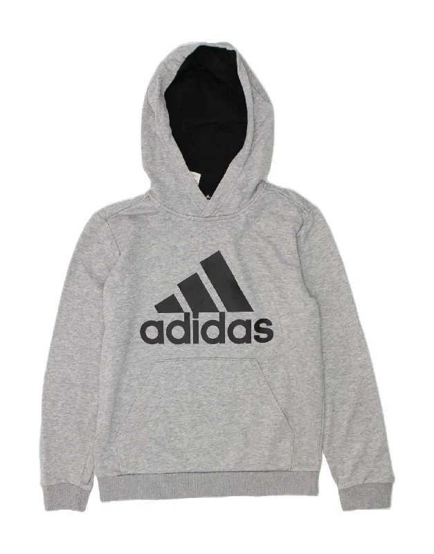 men's hoodie sweatshirt with graphics -ADIDAS Boys Graphic Hoodie Jumper 9-10 Years Grey Cotton