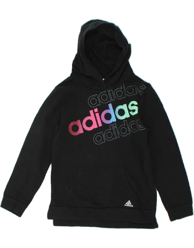 men's pullover hoodie with pockets -ADIDAS Girls Graphic Hoodie Jumper 11-12 Years Large Black Cotton