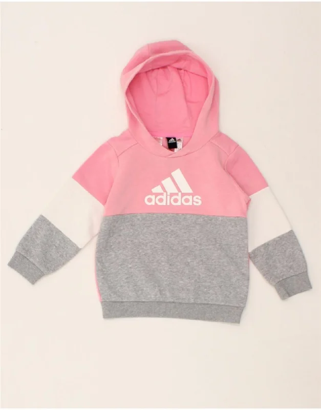 men's hoodie for layering in cold -ADIDAS Girls Graphic Hoodie Jumper 3-4 Years Pink Colourblock Cotton