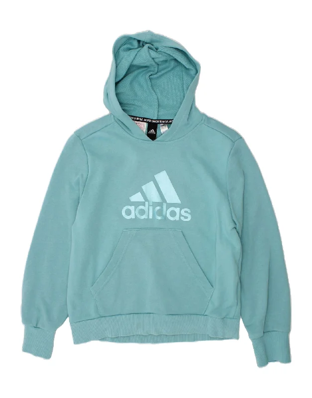 men's hoodie with bold prints -ADIDAS Girls Graphic Hoodie Jumper 9-10 Years Blue Cotton