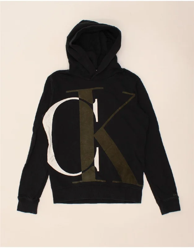 men's hoodie for casual wear -CALVIN KLEIN JEANS Boys Graphic Hoodie Jumper 11-12 Years Black Cotton