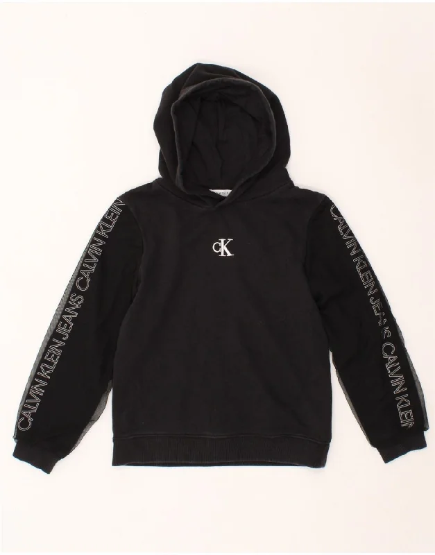 men's hoodies with slogans -CALVIN KLEIN JEANS Girls Graphic Hoodie Jumper 11-12 Years Black