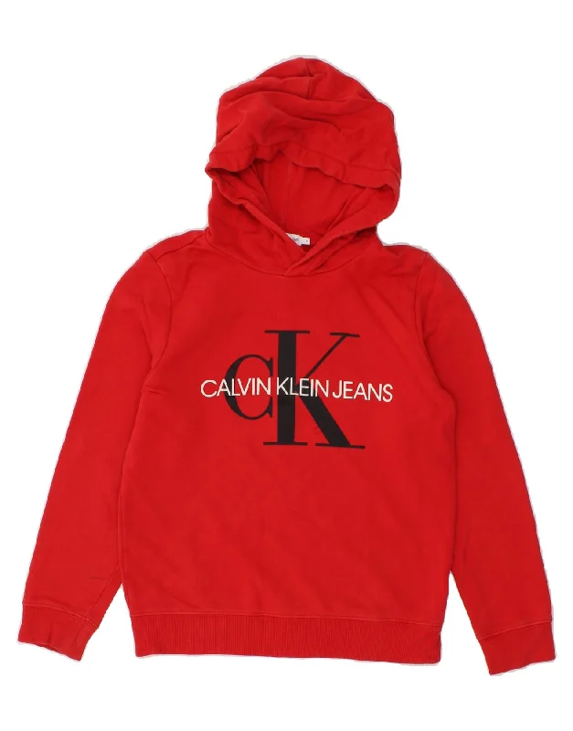 men's comfortable pullover sweatshirts -CALVIN KLEIN JEANS Girls Graphic Hoodie Jumper 11-12 Years Red