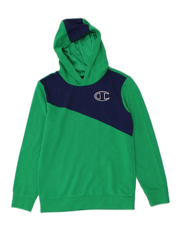 men's streetwear hoodies -CHAMPION Boys Graphic Hoodie Jumper 13-14 Years XL Green Colourblock