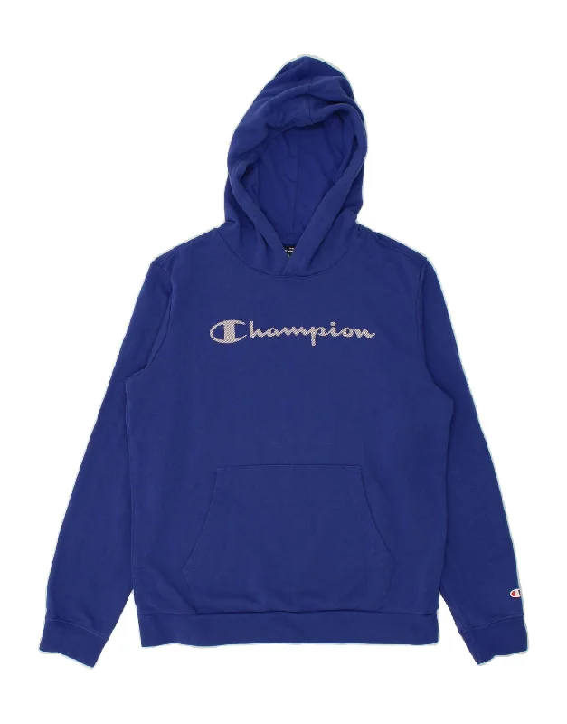 men's hoodie sweatshirt -CHAMPION Boys Graphic Hoodie Jumper 15-16 Years 2XL Blue Cotton