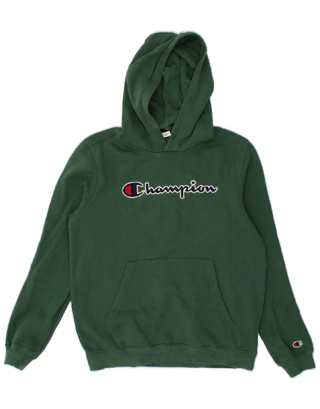 men's hoodie with pockets -CHAMPION Boys Graphic Hoodie Jumper 15-16 Years 2XL Green