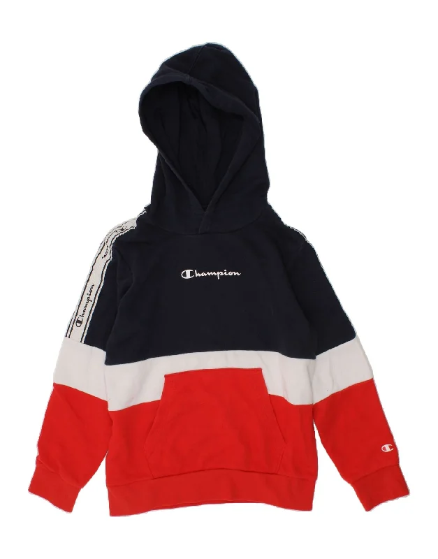 men's pullover hoodie for winter -CHAMPION Boys Graphic Hoodie Jumper 7-8 Years Small  Navy Blue Colourblock