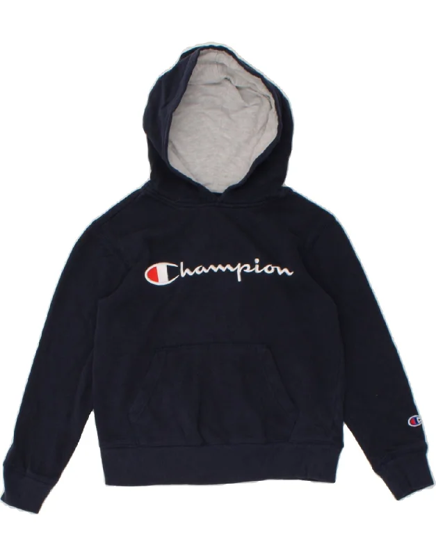 men's hoodie for running -CHAMPION Boys Graphic Hoodie Jumper 8-9 Years Small Navy Blue Cotton