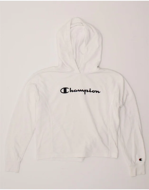 men's pullover sweatshirts -CHAMPION Girls Graphic Crop Hoodie Jumper 15-16 Years 2XL White Cotton