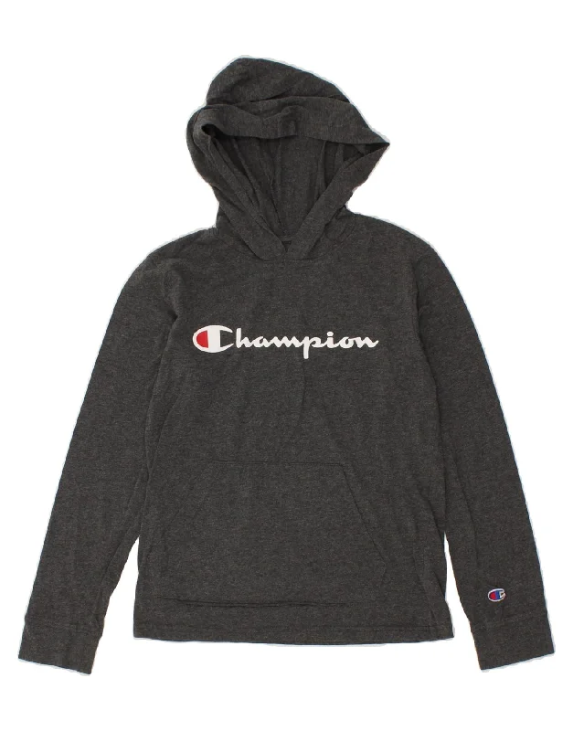 men's graphic design hoodie sweatshirts -CHAMPION Girls Graphic Hoodie Jumper 11-12 Years Large Grey Cotton