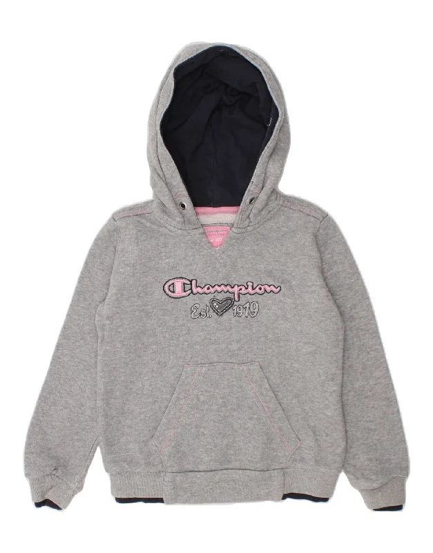 men's trendy hoodies -CHAMPION Girls Graphic Hoodie Jumper 3-4 Years 2XS Grey Cotton