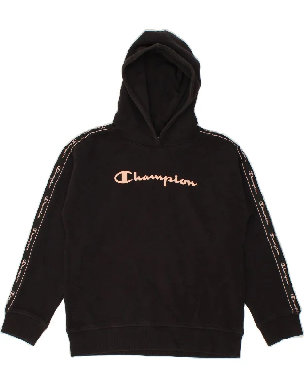 men's hoodie for exercise -CHAMPION Girls Graphic Hoodie Jumper 9-10 Years Medium  Black Cotton