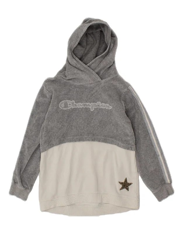 men's casual zip-up hoodies -CHAMPION Girls Graphic Hoodie Jumper 9-10 Years Medium Grey Colourblock