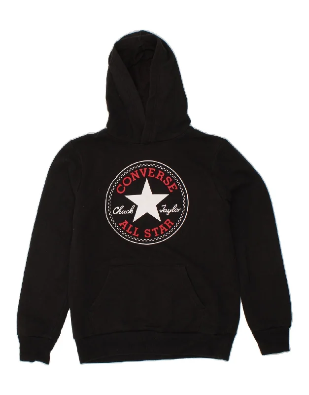 men's zip hoodie with drawstrings -CONVERSE Boys Graphic Hoodie Jumper 12-13 Years Large Black Cotton