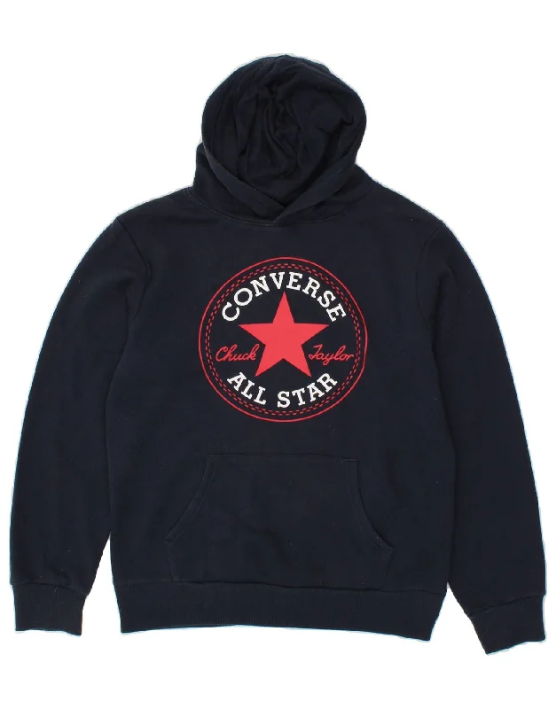 men's hoodie for outdoor wear -CONVERSE Boys Graphic Hoodie Jumper 12-13 Years Large Navy Blue Cotton