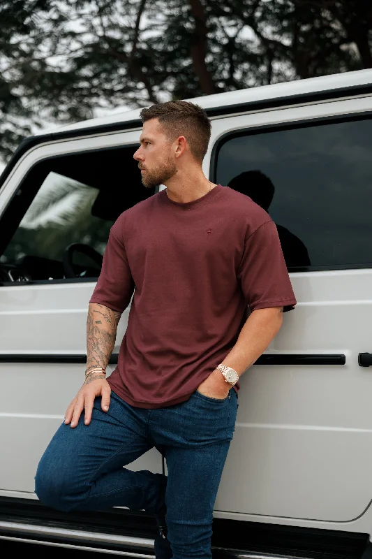 men's casual t-shirts -Father Sons Classic Burgundy Oversized Crew T Shirt - FSH868