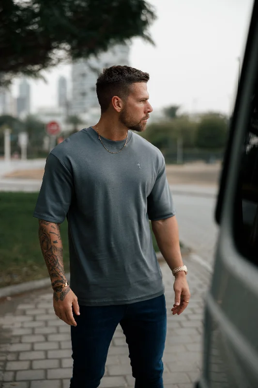 men's fashion-forward t-shirts -Father Sons Classic Dark Grey Oversized Crew T Shirt - FSH865