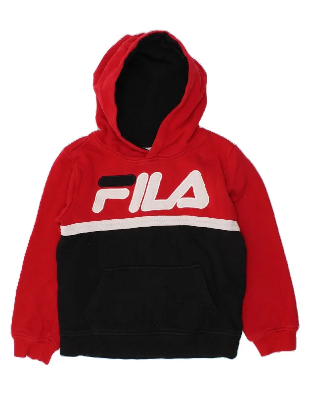 men's printed hoodies -FILA Boys Graphic Hoodie Jumper 6-7 Years Red Colourblock Cotton