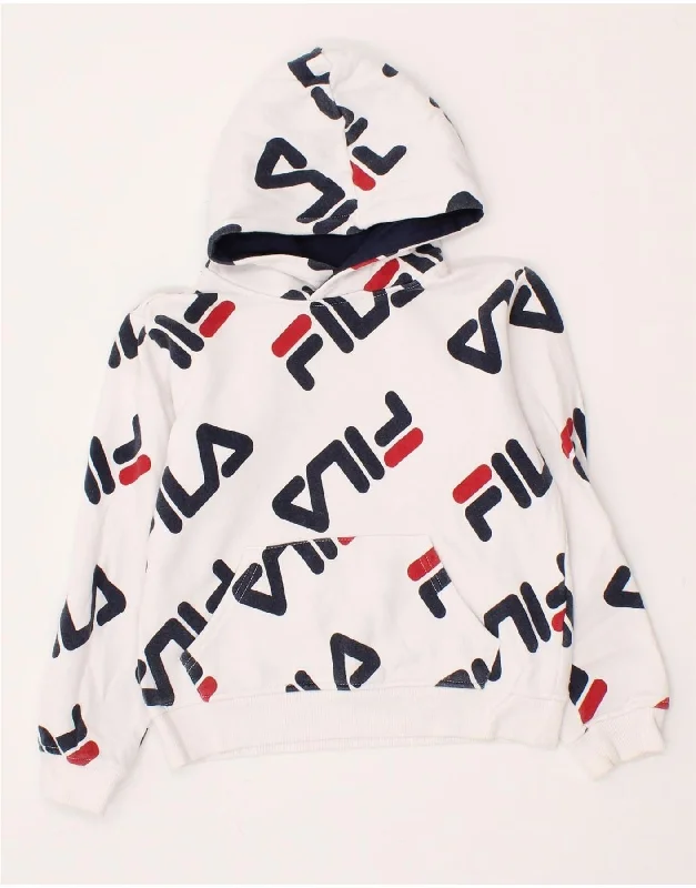 men's zip-up hoodie for hiking -FILA Boys Graphic Hoodie Jumper 7-8 Years Medium White Cotton