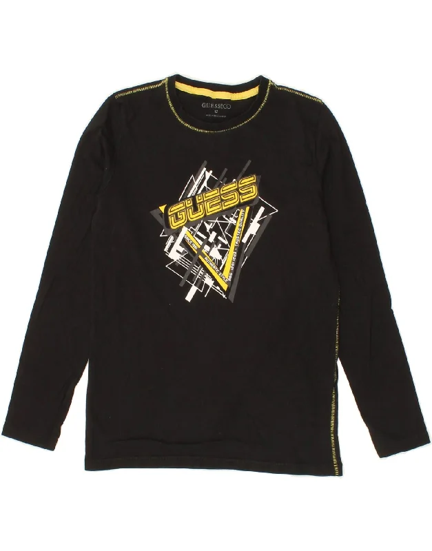 men's casual graphic t-shirts -GUESS Boys Graphic Top Long Sleeve 11-12 Years Black