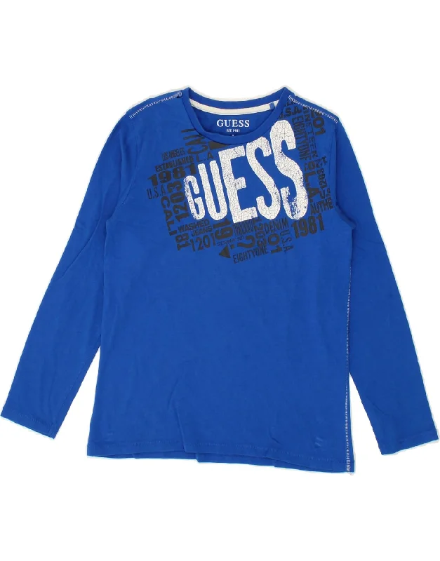 men's oversized t-shirts -GUESS Boys Graphic Top Long Sleeve 7-8 Years Blue Cotton