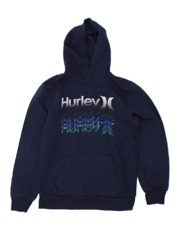 men's hoodie for outdoor wear -HURLEY Boys Graphic Hoodie Jumper 12-13 Years Large Navy Blue Cotton