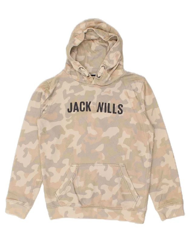 men's hoodie for hiking -JACK WILLS Boys Graphic Hoodie Jumper 10-11 Years Beige Camouflage Cotton