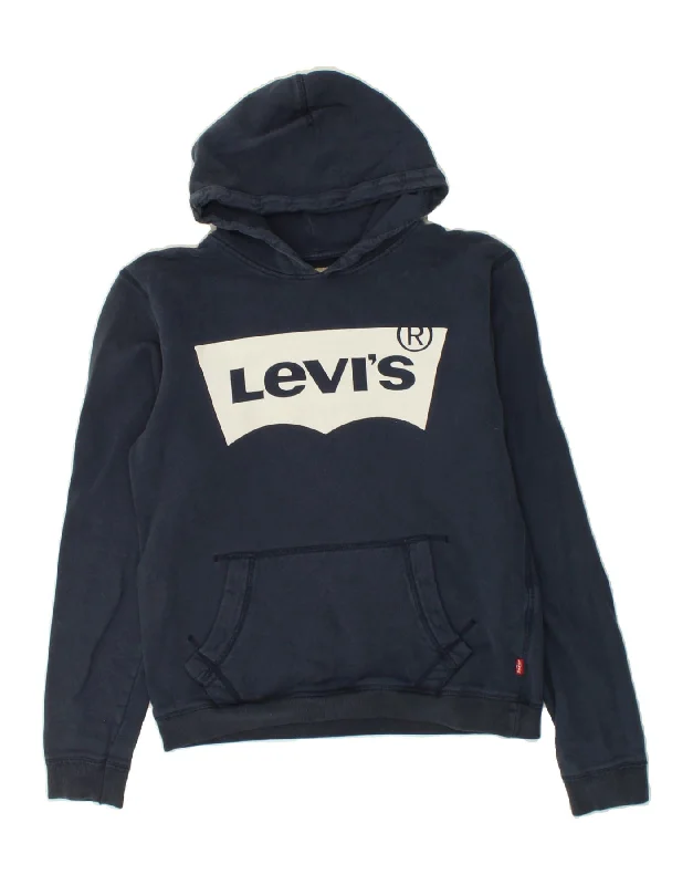 men's stylish pullover sweatshirts -LEVI'S Boys Graphic Hoodie Jumper 15-16 Years Navy Blue