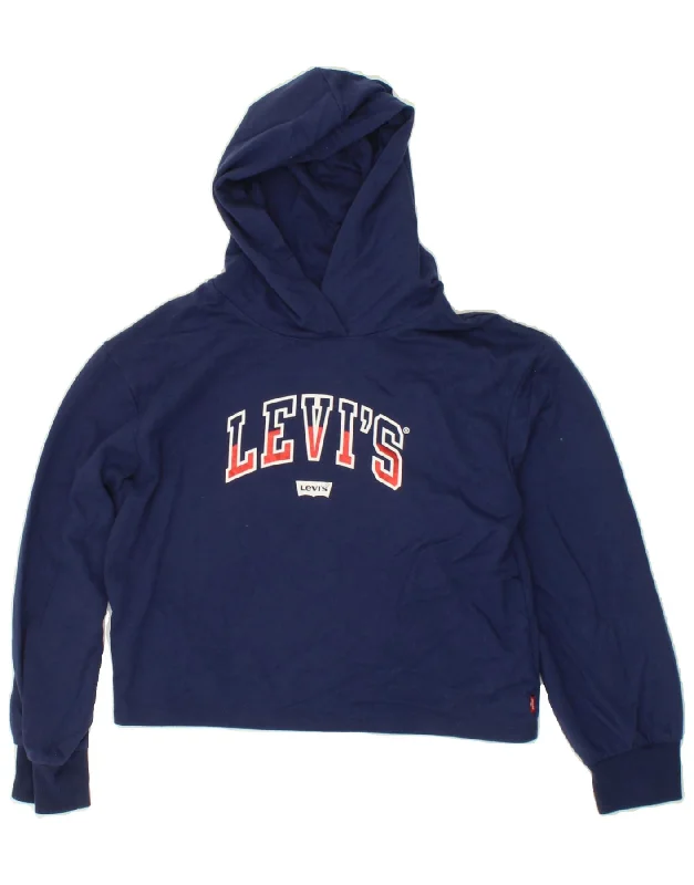 men's hoodie for hiking -LEVI'S Girls Graphic Crop Hoodie Jumper 13-14 Years Navy Blue Cotton