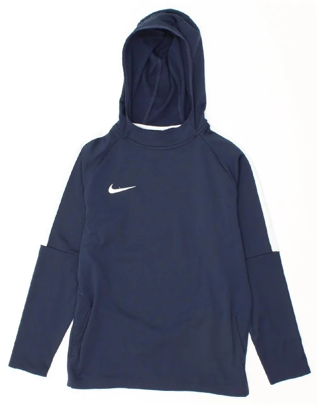 men's hoodie with bold prints -NIKE Boys Dri Fit Hoodie Jumper 12-13 Years Large Navy Blue Polyester