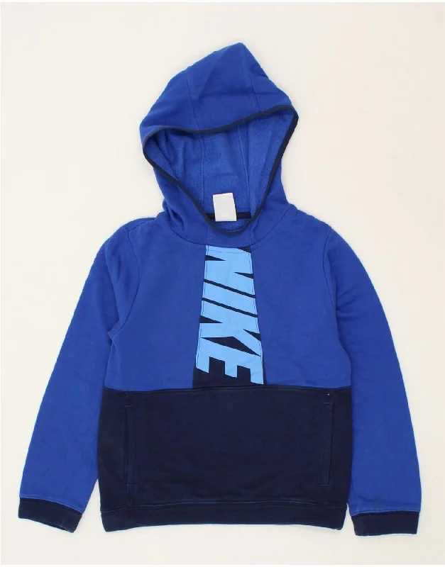 men's stylish pullover sweatshirts -NIKE Boys Graphic Hoodie Jumper 8-9 Years Small Blue Colourblock