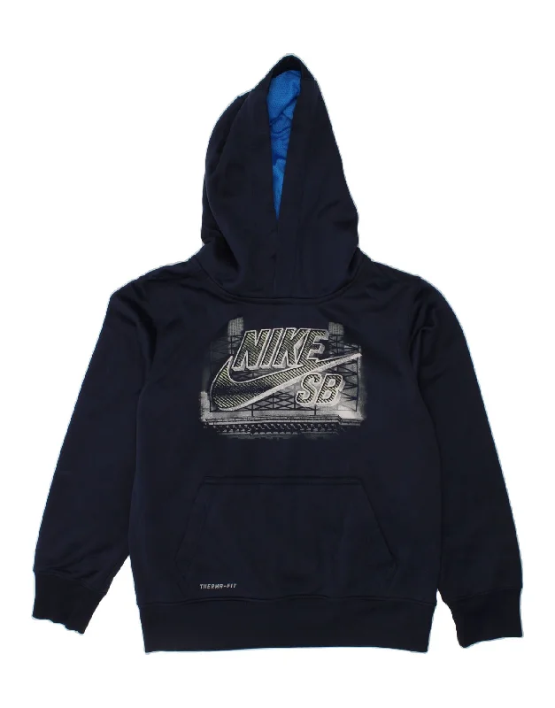 men's fleece hoodies -NIKE Boys Therma-Fit Graphic Hoodie Jumper 8-9 Years Small Navy Blue