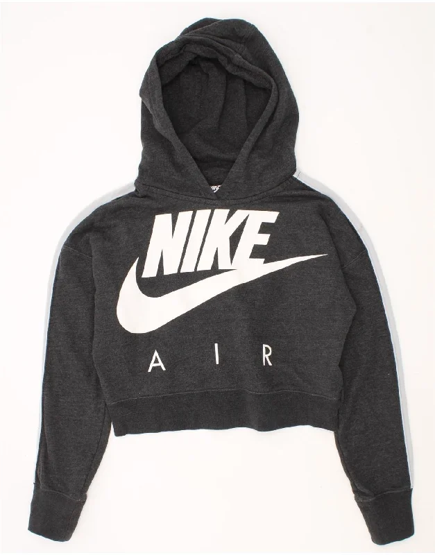 men's printed fleece sweatshirts -NIKE Girls Crop Graphic Hoodie Jumper 12-13 Years Large Grey Cotton