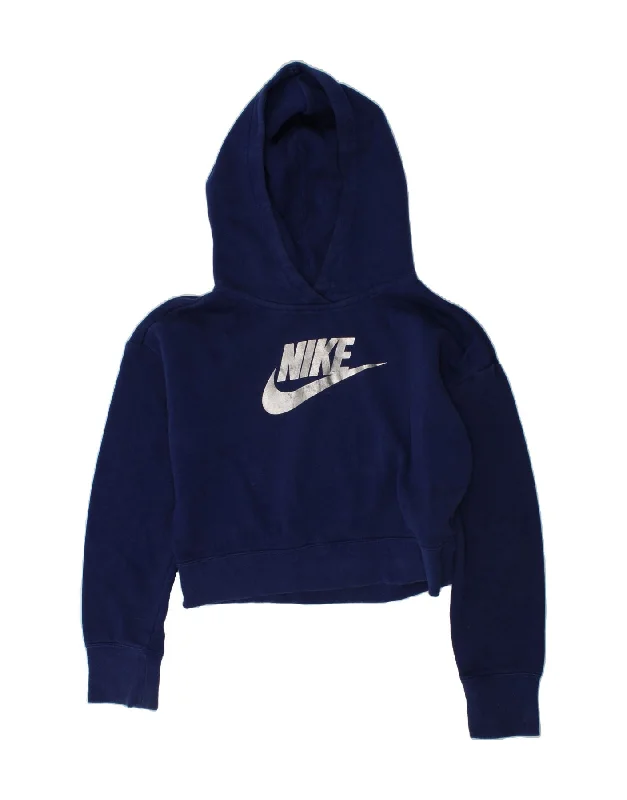 men's comfortable sweatshirts -NIKE Girls Crop Graphic Hoodie Jumper 12-13 Years Large Navy Blue Cotton