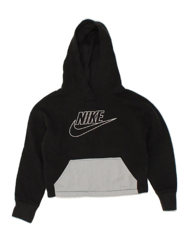 men's soft cotton hoodies -NIKE Girls Crop Graphic Hoodie Jumper 6-7 Years Large Black Colourblock