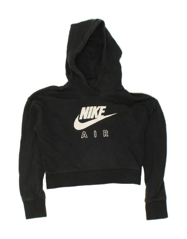 men's printed fleece sweatshirts -NIKE Girls Graphic Crop Hoodie Jumper 12-13 Years Large Black Cotton